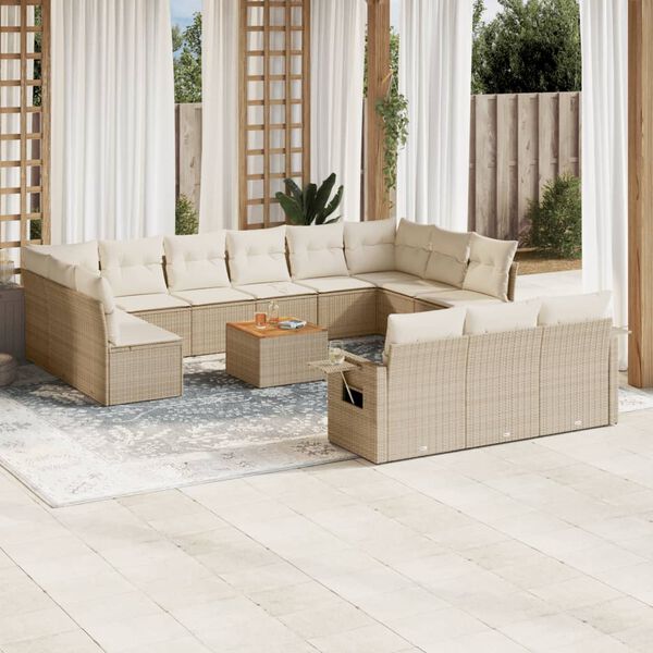 vidaXL 14-tlg. Garten-Sofagarnitur mit Kissen Beige Poly Rattan