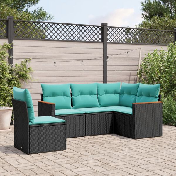 vidaXL 5-teiliges Gartensofa-Set mit Kissen, schwarzes Polyrattan