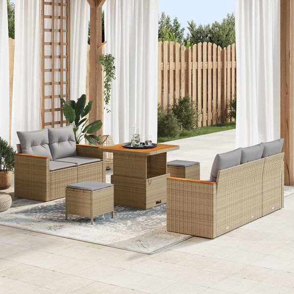vidaXL Garten-Sofa-Set mit Kissen mit Speicher 8 pcs Beige Poly Rattan