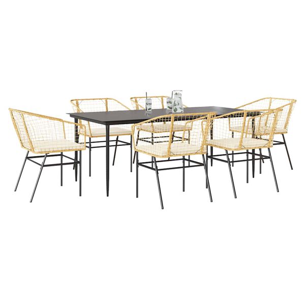 vidaXL 7-tlg. Garten-Essgruppe mit Kissen Braun Poly Rattan Glas