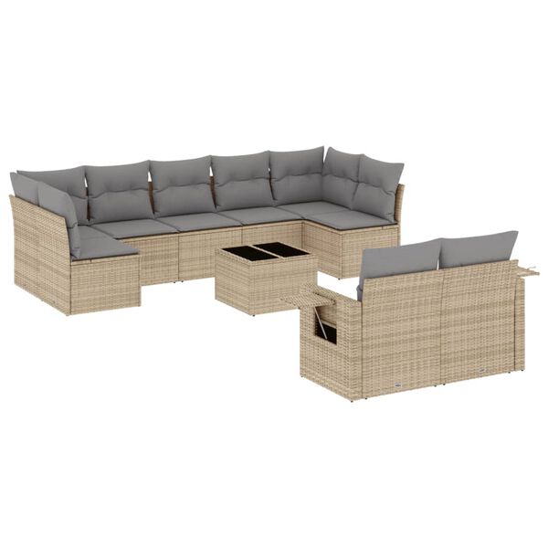 vidaXL 10-tlg. Garten-Sofagarnitur mit Kissen Beige Poly Rattan