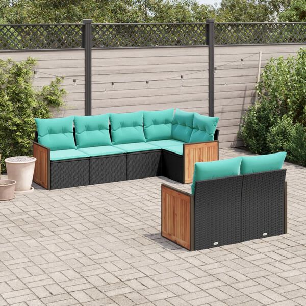 vidaXL 7-teiliges Gartensofa-Set mit Kissen, schwarzes Polyrattan