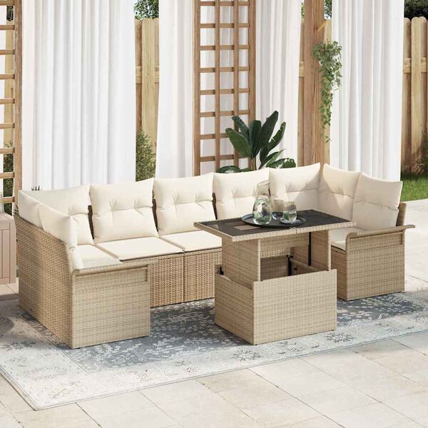 vidaXL Gartensofa-set mit Kissen mit Speicher 8 pcs Beige Poly Rattan