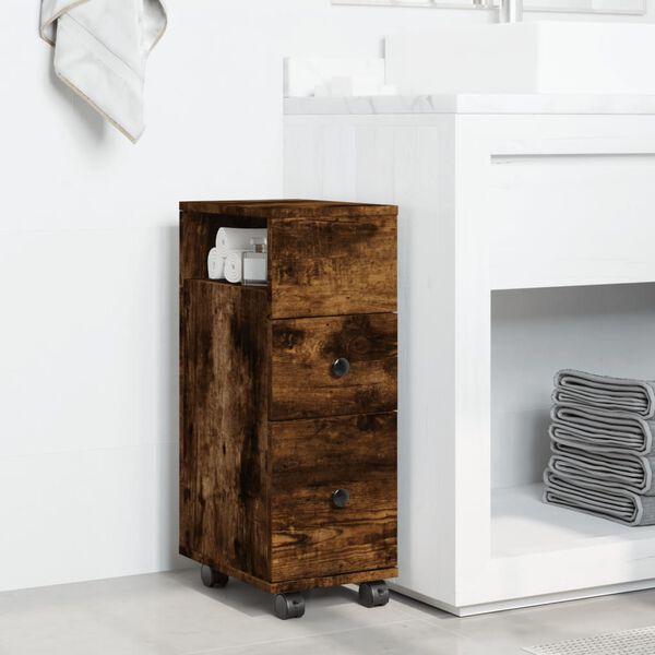 vidaXL Badschrank Schmal mit Rollen R&auml;uchereiche Holzwerkstoff