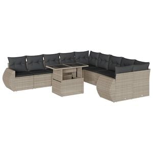 vidaXL 11-tlg. Garten-Sofagarnitur mit Kissen Hellgrau Poly Rattan