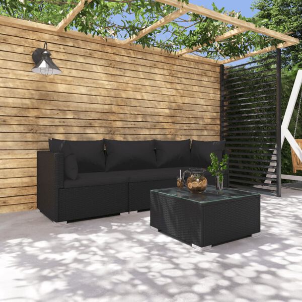 vidaXL 4-tlg. Garten-Lounge-Set mit Auflagen Poly Rattan Schwarz