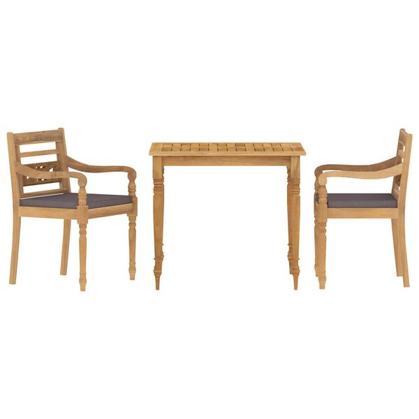 vidaXL 3-tlg. Garten-Essgruppe mit Dunkelgrauen Kissen Massivholz Teak