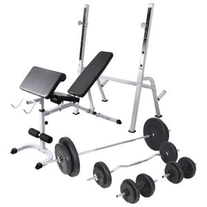 vidaXL Hantelbank mit Ablage, Langhantel und Kurzhantel-Set 90 kg