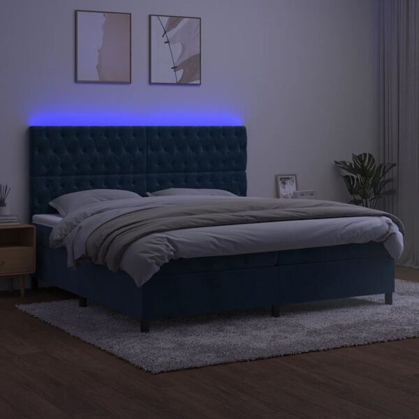 vidaXL Boxspringbett mit Matratze & LED Dunkelblau 200x200 cm Samt