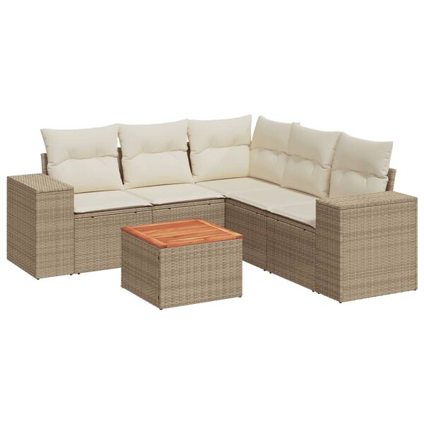 vidaXL 6-tlg. Garten-Sofagarnitur mit Kissen Beige Poly Rattan