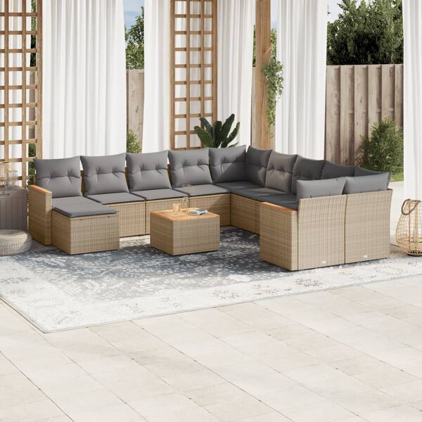 vidaXL 12-tlg. Garten-Sofagarnitur mit Kissen Beige Poly Rattan