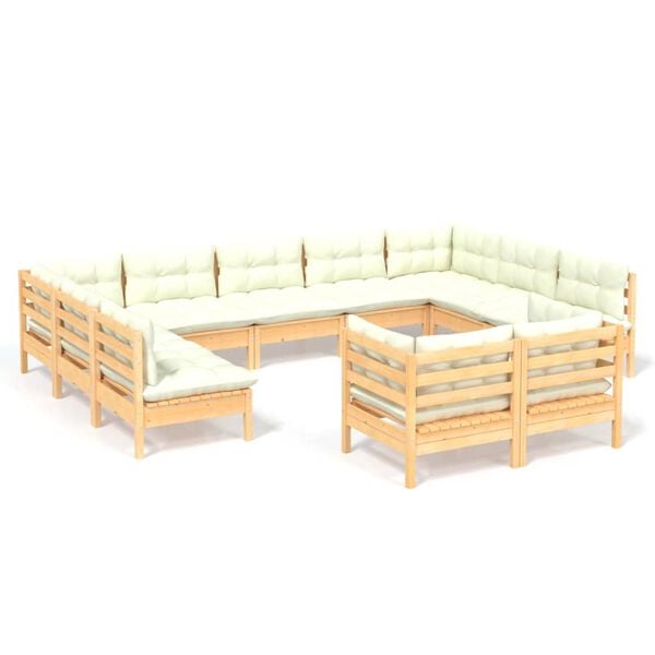 vidaXL 11-tlg. Garten-Lounge-Set mit Creme Kissen Massivholz Kiefer