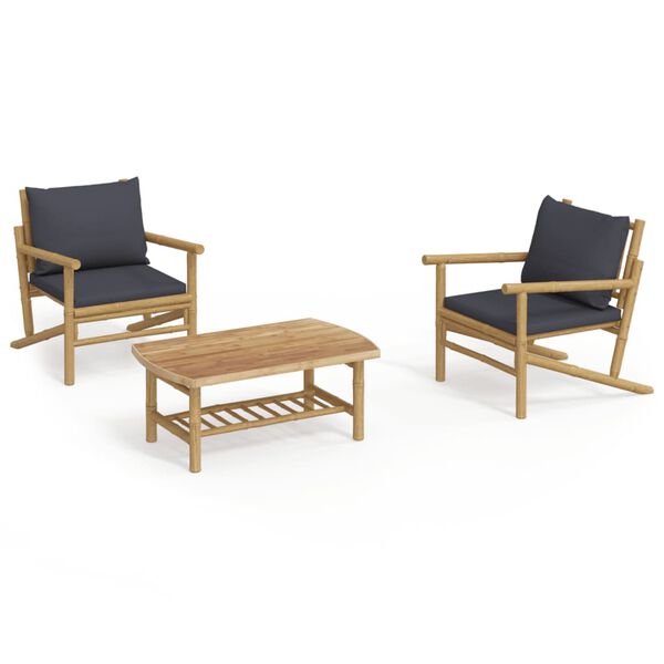 vidaXL 3-tlg. Garten-Lounge-Set mit Dunkelgrauen Kissen Bambus