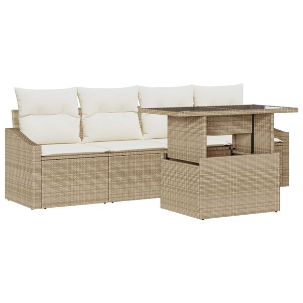 vidaXL Garten-Sofa-Set mit Kissen 5 pcs Beige und Creme Poly-Rattan