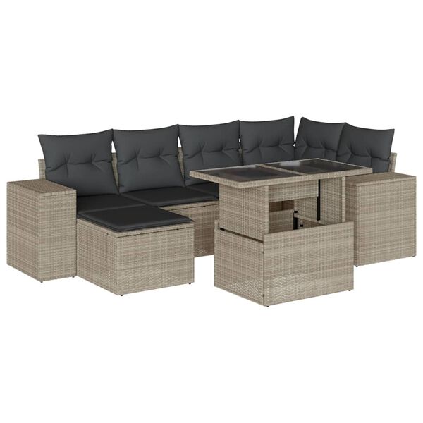 vidaXL 7-tlg. Garten-Sofagarnitur mit Kissen Hellgrau Poly Rattan