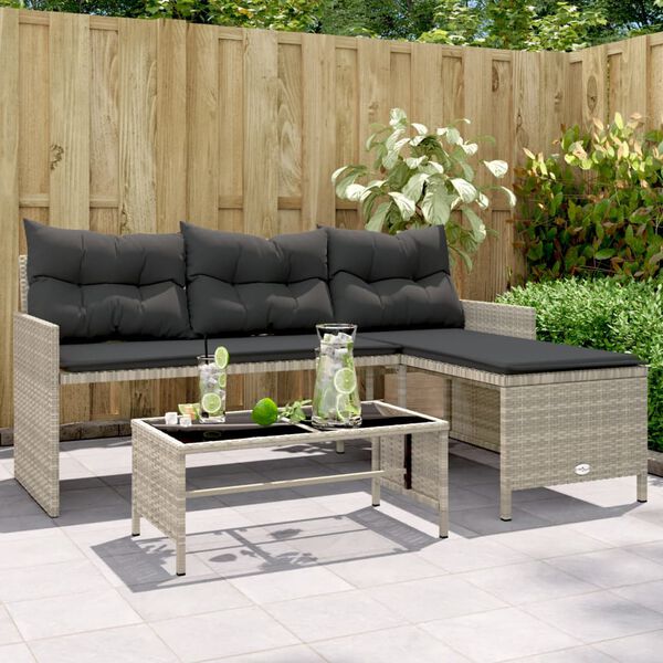 vidaXL Gartensofa in L-Form mit Tisch und Kissen Hellgrau Poly Rattan