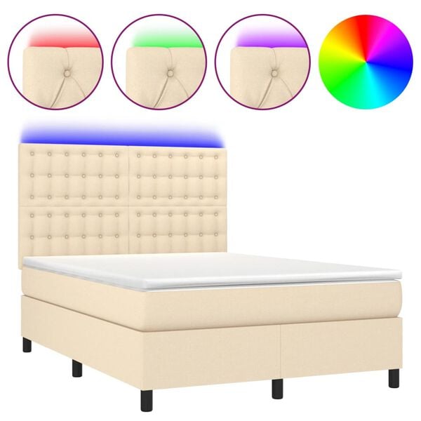 vidaXL Boxspringbett mit Matratze & LED Creme 140x200 cm Stoff