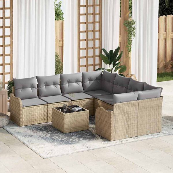 vidaXL Gartensofa-set mit Kissen mit Speicher 9 pcs Beige Poly-Rattan