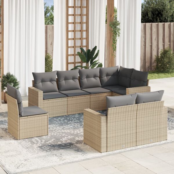 vidaXL 8-tlg. Garten-Sofagarnitur mit Kissen Beige Poly Rattan