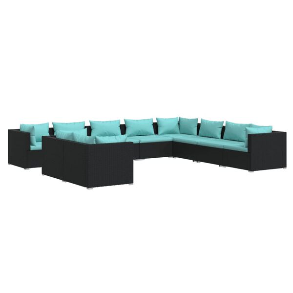vidaXL 10-tlg. Garten-Lounge-Set mit Kissen Schwarz Poly Rattan