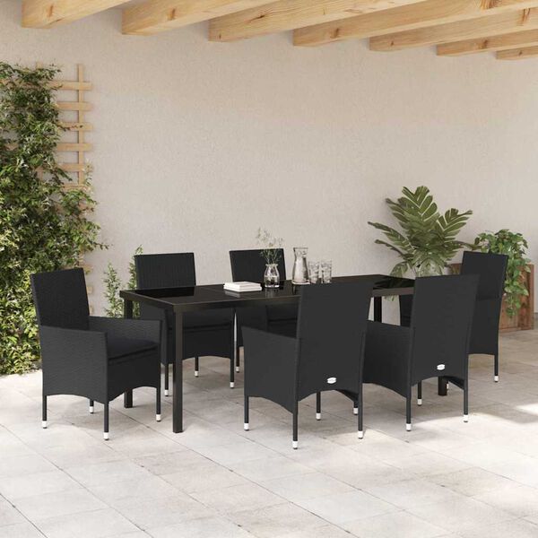 vidaXL Garten Essgruppe mit Kissen 7 pcs Schwarz Poly-Rattan