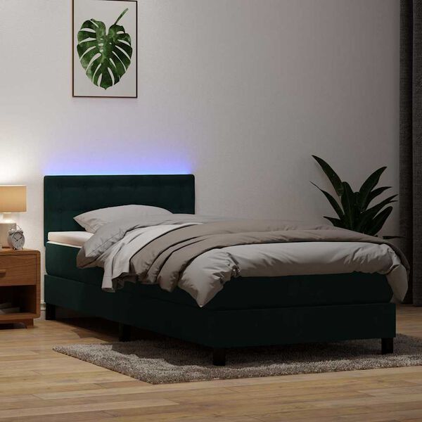 vidaXL Boxspringbett mit Matratze & LED Dunkelgr&uuml;n 80x220 cm Samt