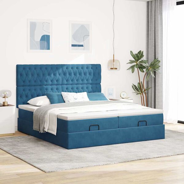 vidaXL Ottoman-Bett mit Matratzen & LEDs Dunkelblau 180x200 cm Samt