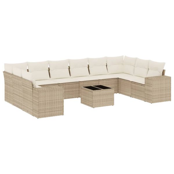 vidaXL 11-tlg. Garten-Sofagarnitur mit Kissen Beige Poly Rattan
