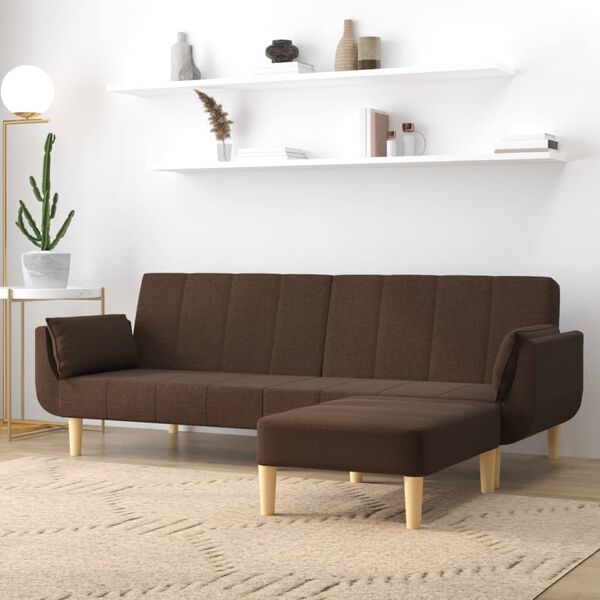 vidaXL Schlafsofa 2-Sitzer mit Hocker & Zwei Kissen Braun Stoff