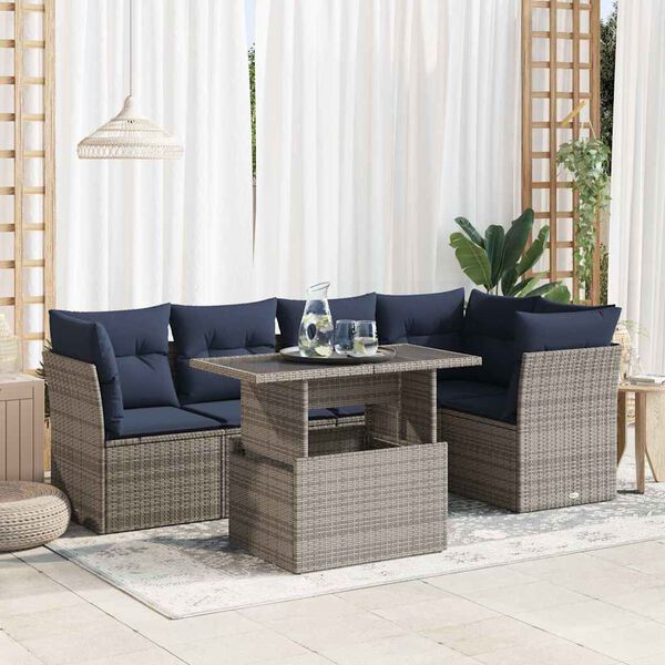 vidaXL 6-tlg. Garten-Sofagarnitur mit Kissen Grau Poly Rattan Akazie