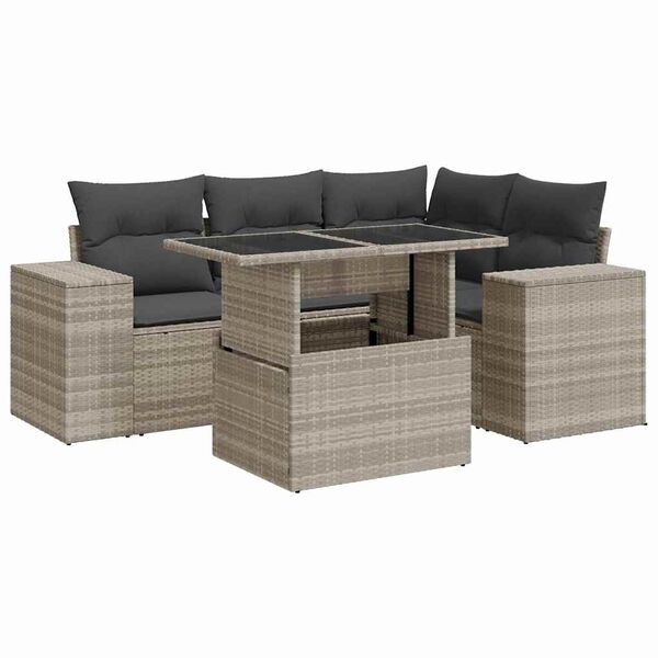 vidaXL 5-tlg. Garten-Sofagarnitur mit Kissen Hellgrau Poly Rattan