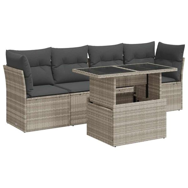 vidaXL 5-tlg. Garten-Sofagarnitur mit Kissen Hellgrau Poly Rattan