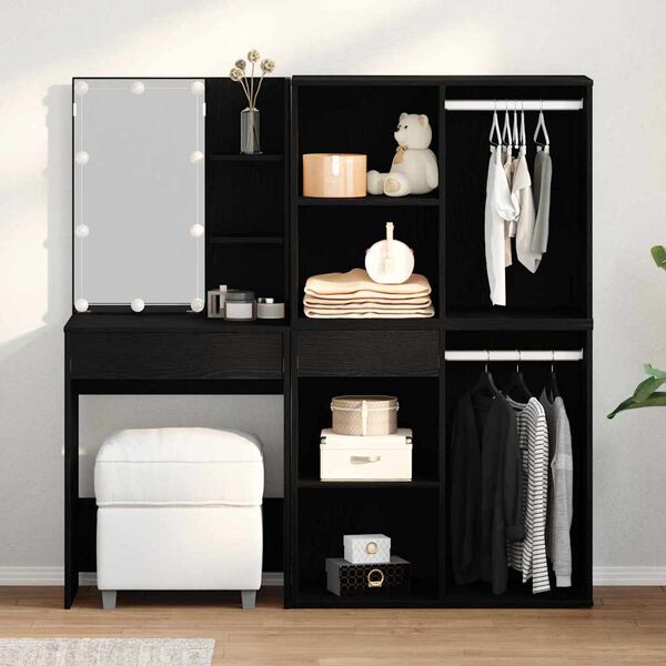 vidaXL LED Schminktisch Set Schwarz Eichen-Optik 140 x 40 x 140 cm