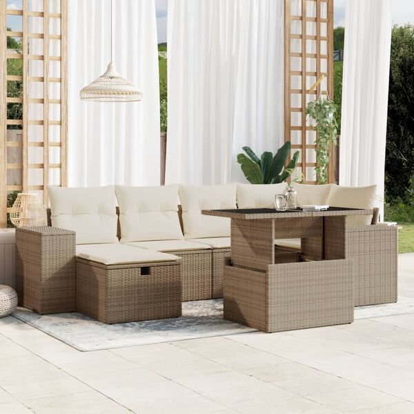 vidaXL 7-tlg. Garten-Sofagarnitur mit Kissen Beige Poly Rattan
