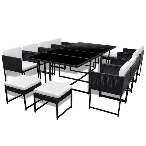 vidaXL 13-tlg. Garten-Essgruppe mit Auflagen Poly Rattan Schwarz