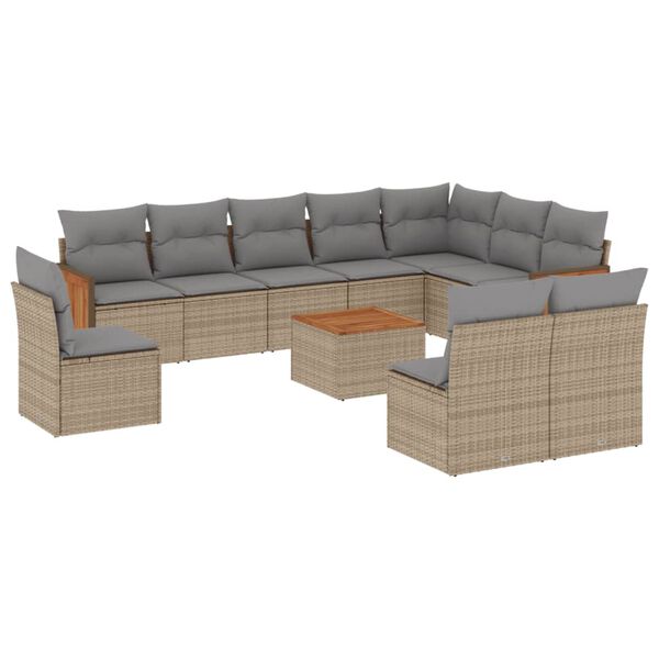vidaXL 11-tlg. Garten-Sofagarnitur mit Kissen Beige Poly Rattan