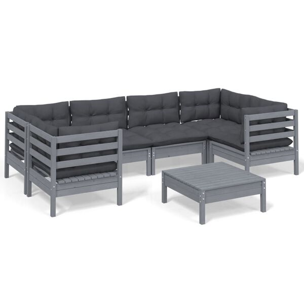 vidaXL 7-tlg. Garten-Lounge-Set mit Kissen Grau Kiefernholz