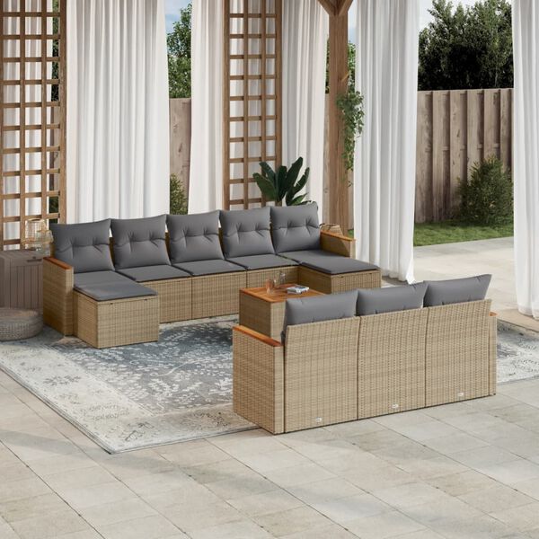 vidaXL 11-tlg. Garten-Sofagarnitur mit Kissen Beige Poly Rattan