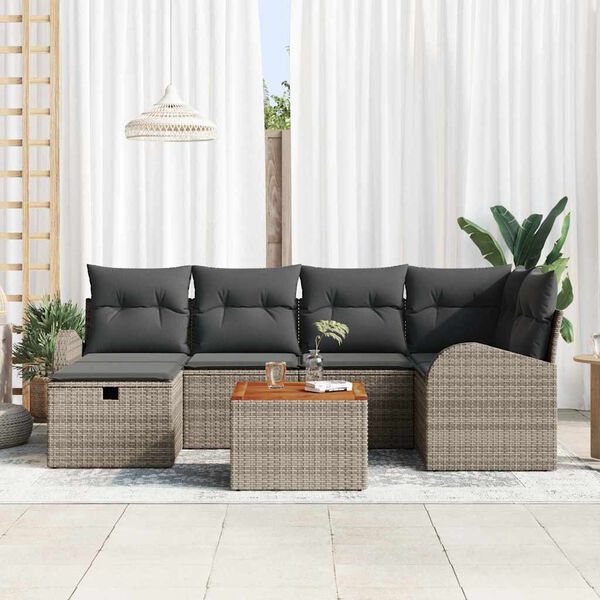 vidaXL Garten-Sofa-Set mit Kissen mit Speicher 7 pcs Grau Poly Rattan