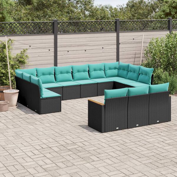 vidaXL 13-teiliges Gartensofa-Set mit Kissen, schwarzes Polyrattan