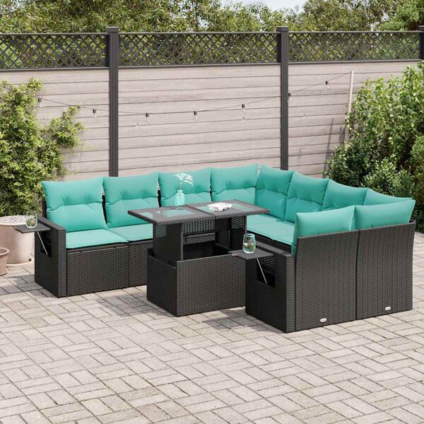 vidaXL 9-tlg. Garten-Sofagarnitur mit Kissen Schwarz Poly Rattan Akazie
