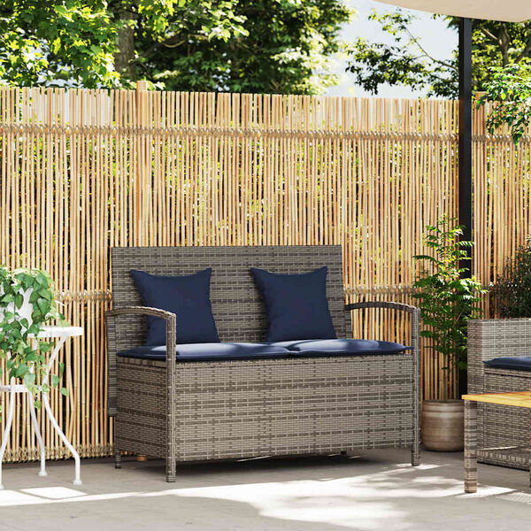 vidaXL Gartenbank mit Stauraum und Kissen Grau Poly Rattan