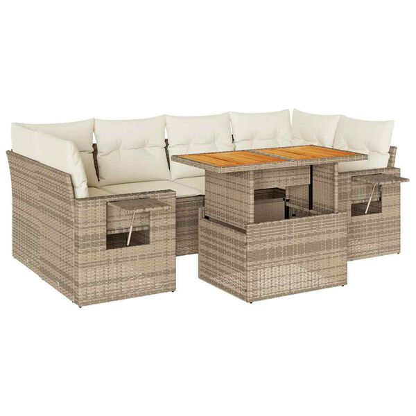 vidaXL 7-tlg. Garten-Sofagarnitur mit Kissen Beige Poly Rattan