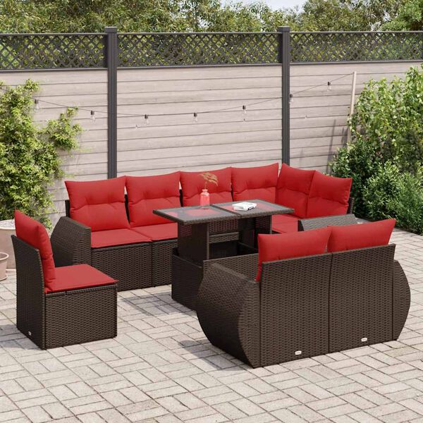 vidaXL 9-tlg. Garten-Sofagarnitur mit Kissen Braun Poly Rattan Akazie