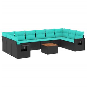 vidaXL 11-teiliges Gartensofa-Set mit Kissen, schwarzes Polyrattan