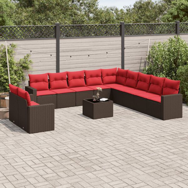 vidaXL 12-tlg. Garten-Sofagarnitur mit Kissen Braun Poly Rattan
