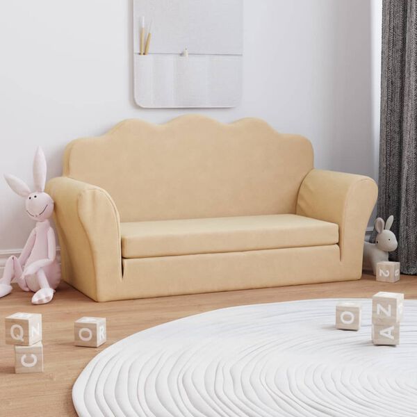 vidaXL 2-Sitzer Kindersofa mit Schlaffunktion Creme Weicher Pl&uuml;sch