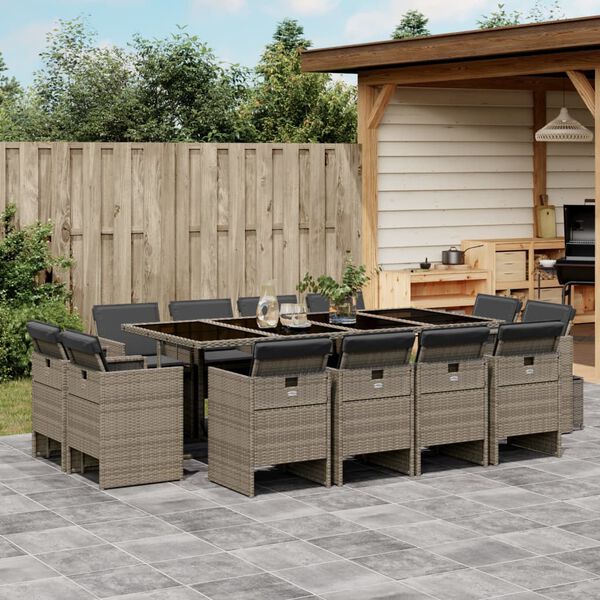 vidaXL 13-tlg. Garten-Essgruppe mit Kissen Grau Poly Rattan