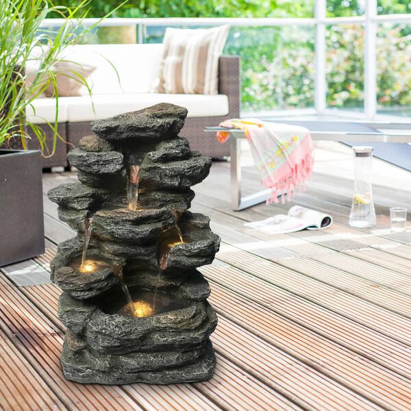 HEISSNER Terrassenbrunnen mit LED Steinform 42x29x60 cm Grau