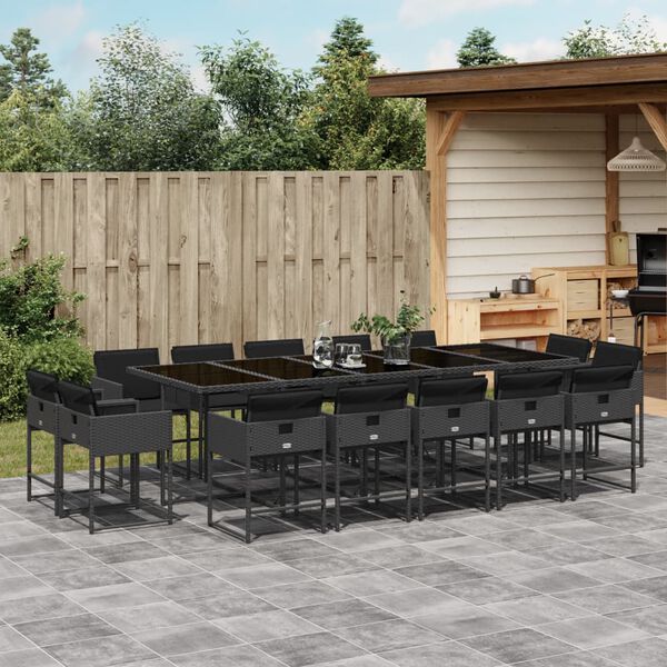 vidaXL 15-tlg. Garten-Essgruppe mit Kissen Schwarz Poly Rattan